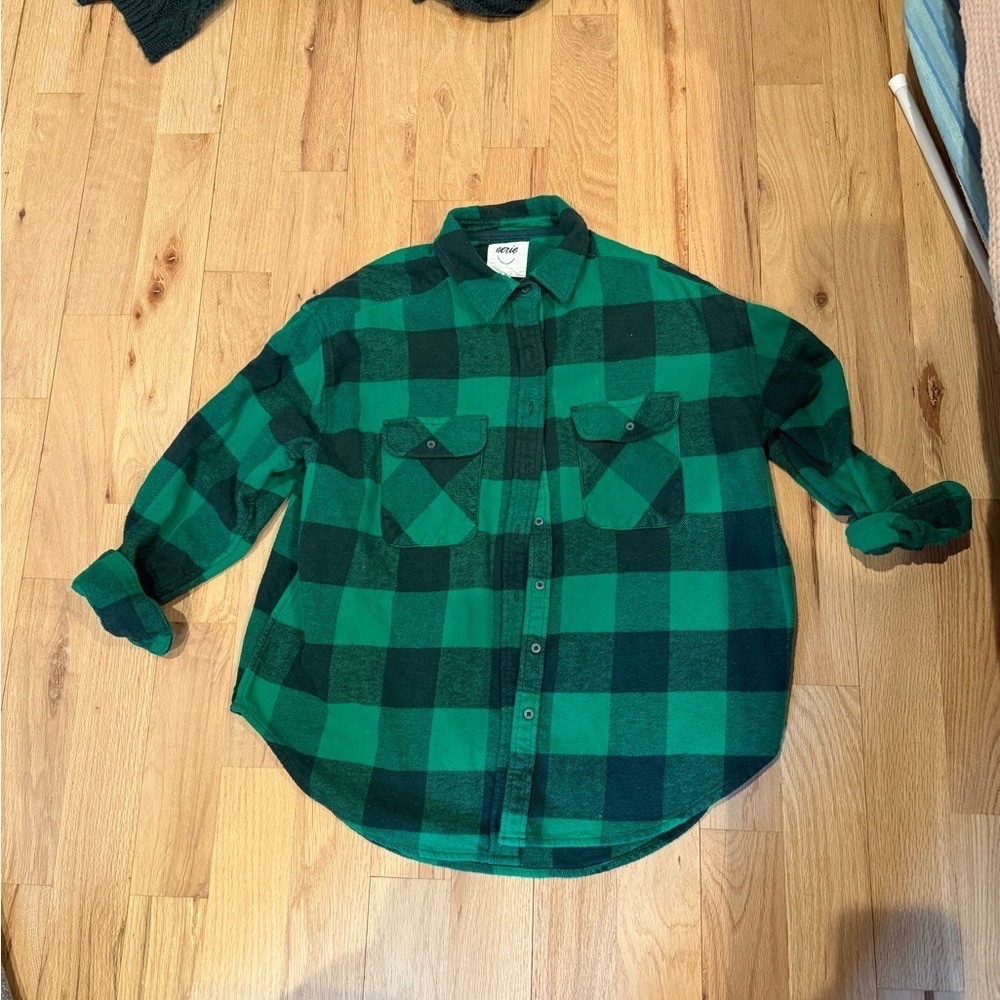 Oversized Green and navy flannel lumber Jane Aerie Plaid flannel shirt